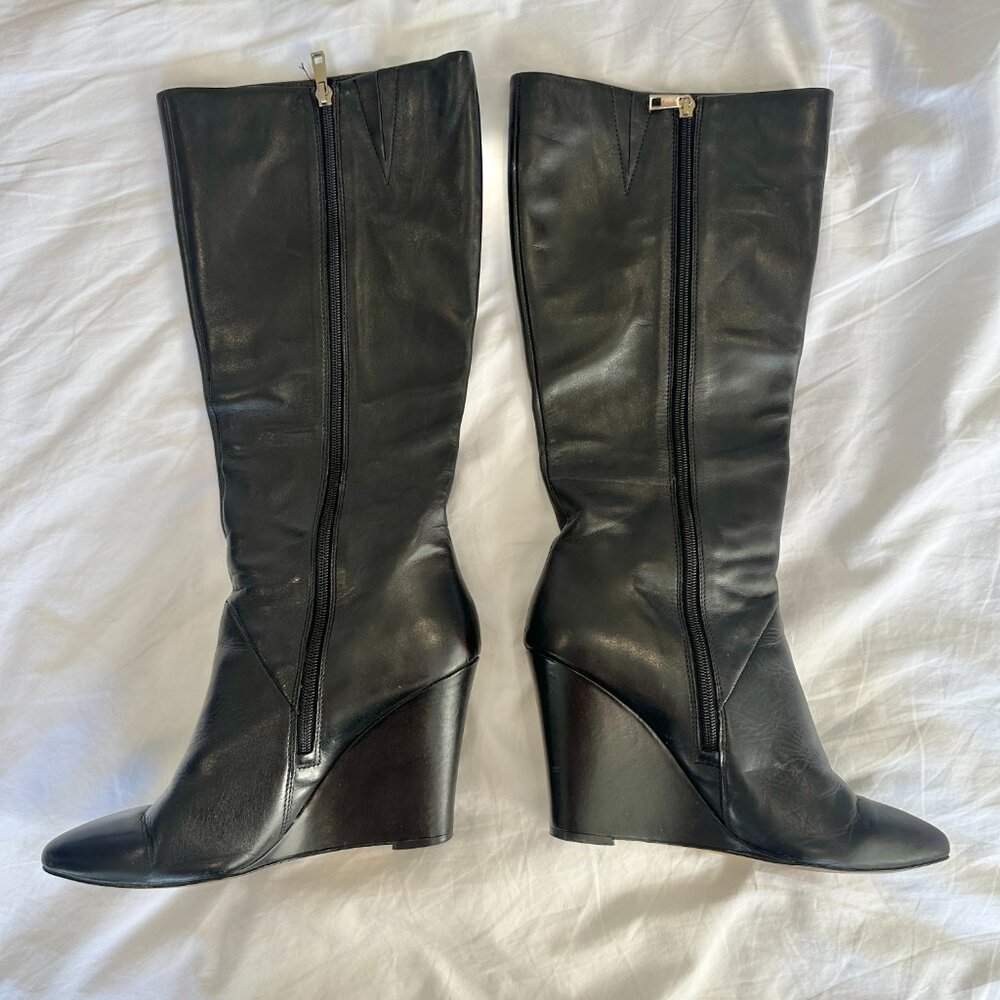ANN TAYLOR Claudia Black Leather High Heel Wedge Knee High Boots Size 10